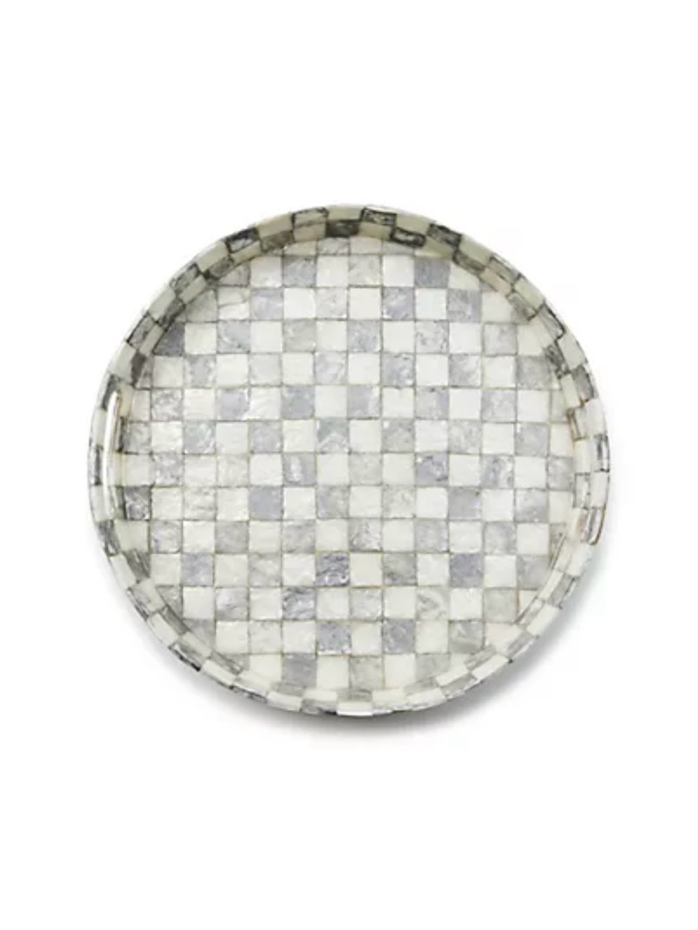 MacKenzie Childs Round Checkerboard Mosaic Tray — White & Gray